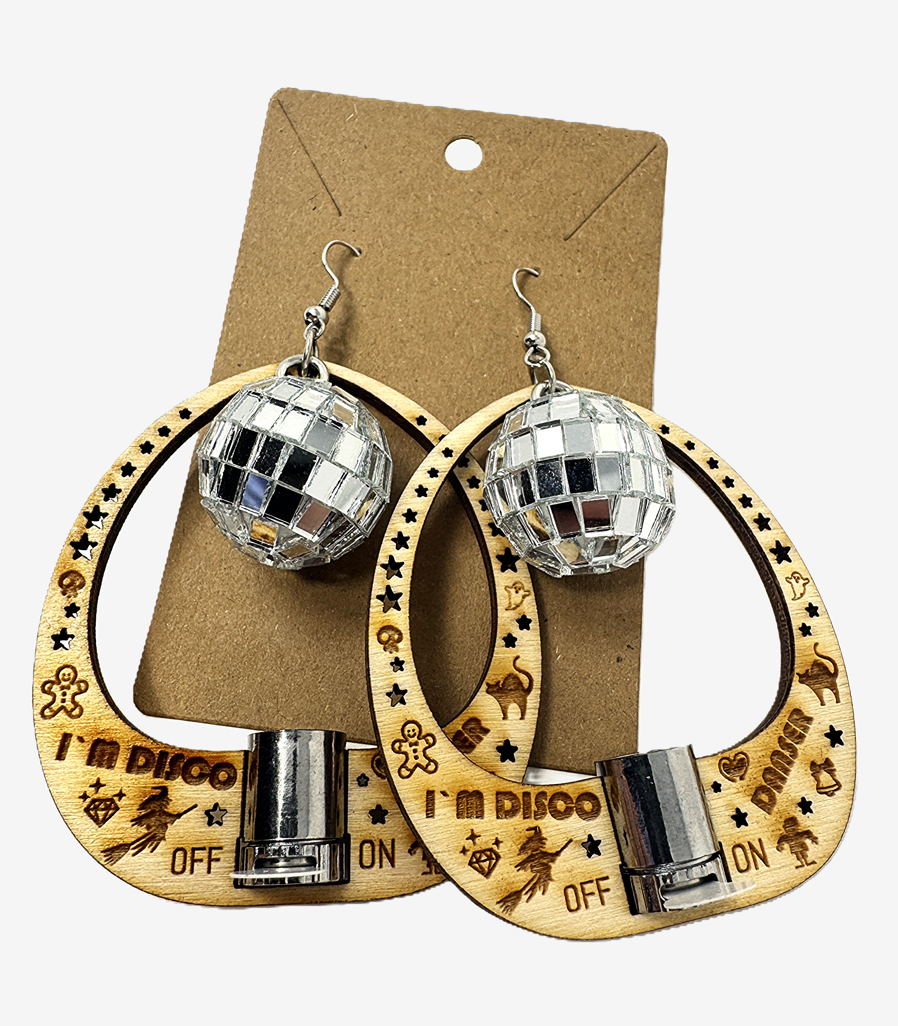 Disco Light Earrings – Light-Up Wooden Party Earrings – Funny Disco Jewelry – Festival & Night Party Accessory