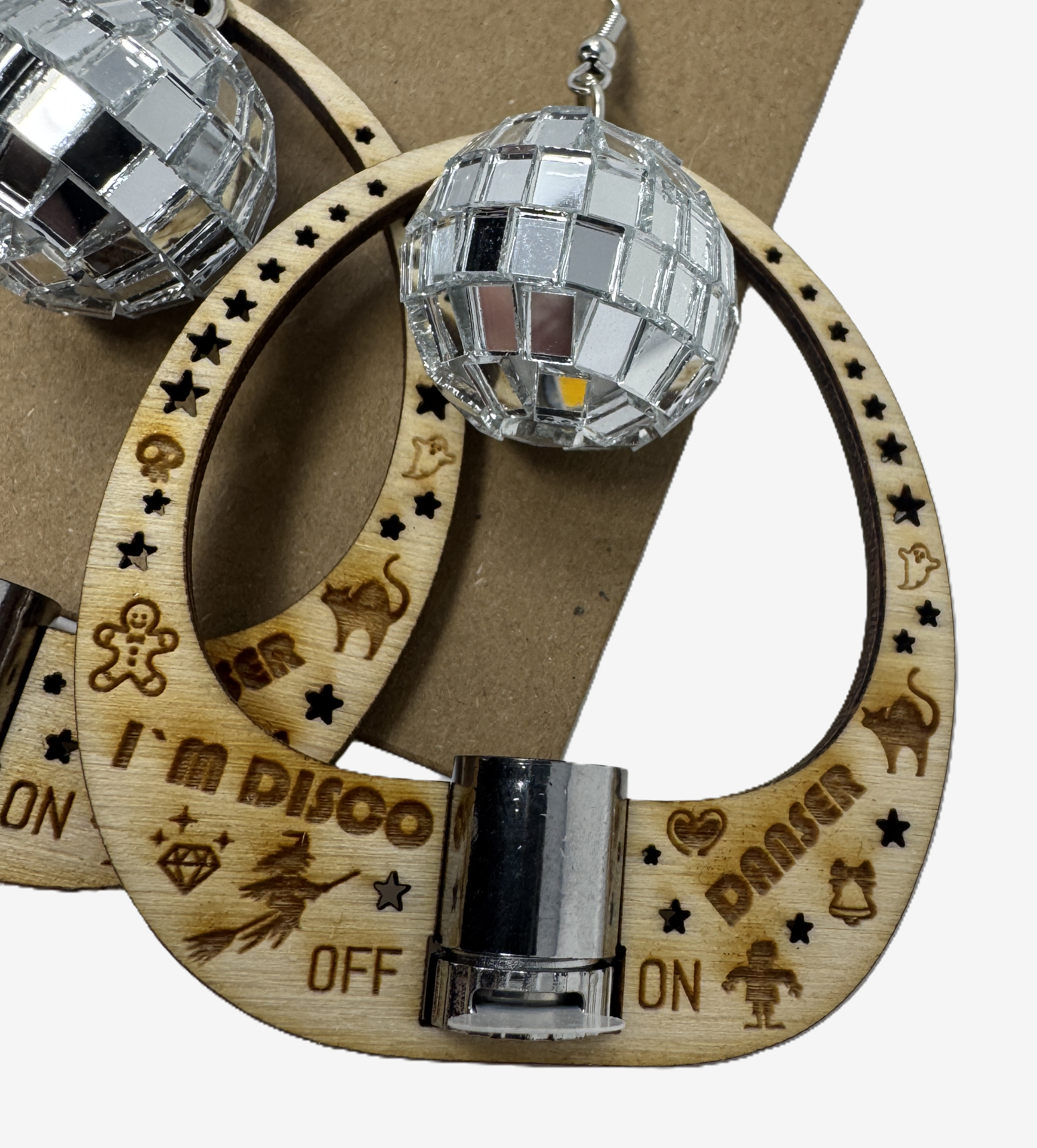 Disco Light Earrings – Light-Up Wooden Party Earrings – Funny Disco Jewelry – Festival & Night Party Accessory