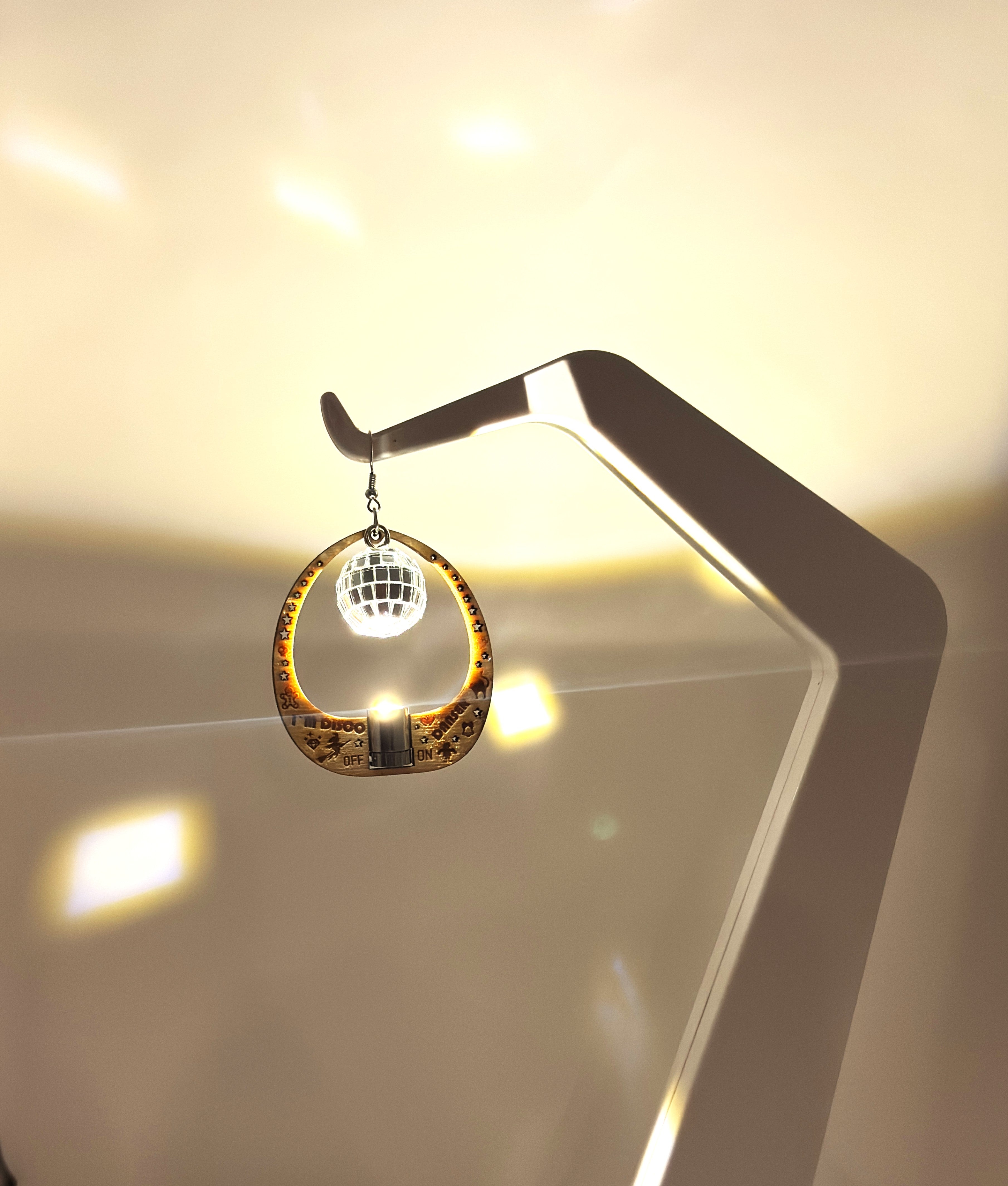 Disco Light Earrings – Light-Up Wooden Party Earrings – Funny Disco Jewelry – Festival & Night Party Accessory